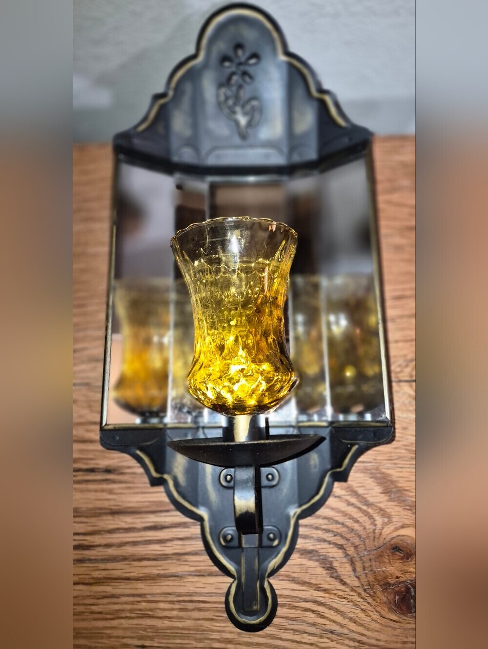 Vintage Homco Wall Sconce W/ a Smoked Mirror back & an Amber Glass Candle Holder